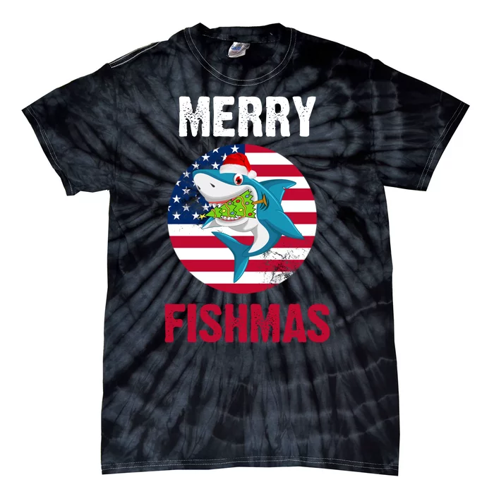 Merry Fishmas Shark America Christmas Tie-Dye T-Shirt