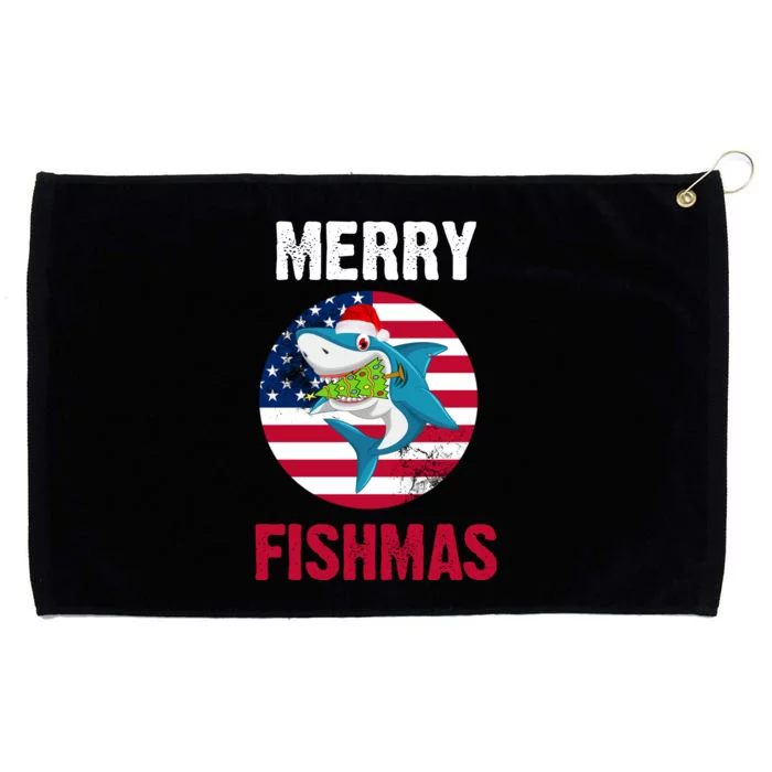 Merry Fishmas Shark America Christmas Grommeted Golf Towel