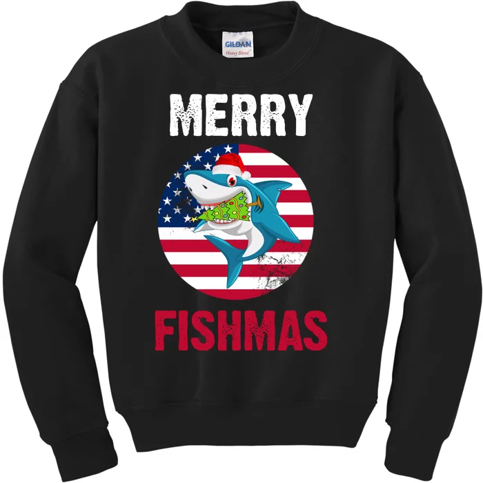 Merry Fishmas Shark America Christmas Kids Sweatshirt