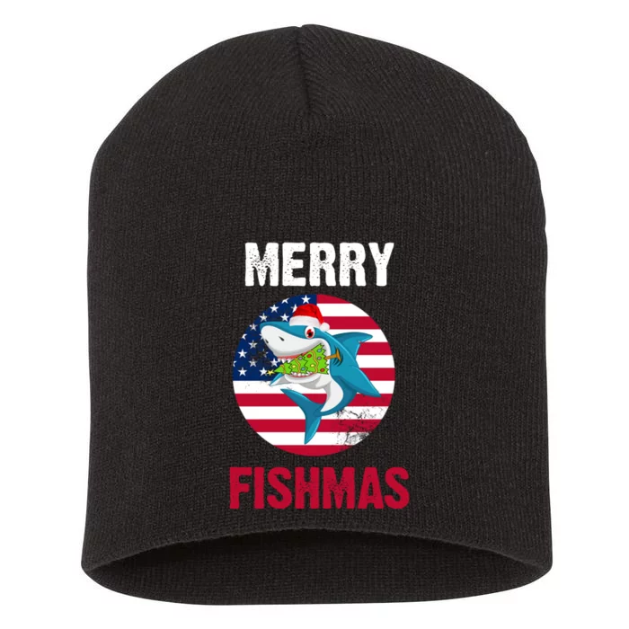 Merry Fishmas Shark America Christmas Short Acrylic Beanie