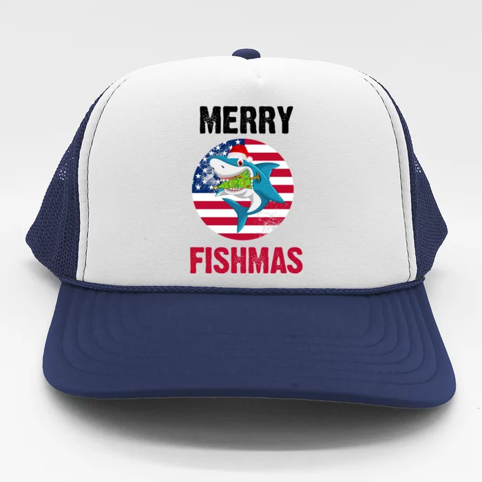 Merry Fishmas Shark America Christmas Trucker Hat