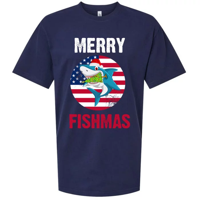 Merry Fishmas Shark America Christmas Sueded Cloud Jersey T-Shirt