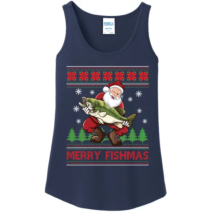 Merry Fishmas Santa Fishing Ugly Christmas Sweater Style Ladies Essential Tank