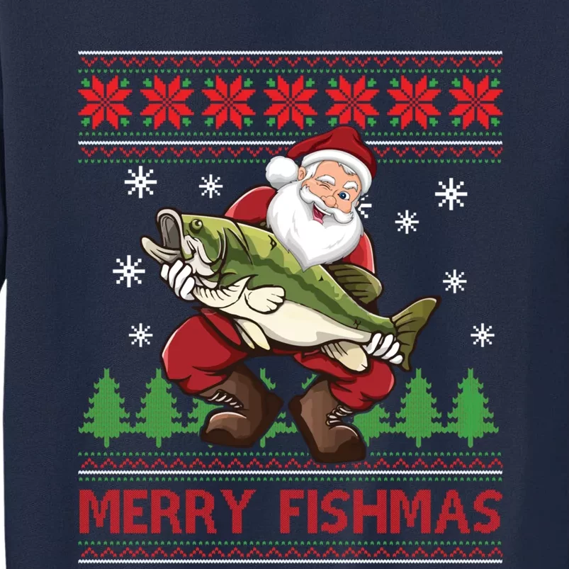 Merry Fishmas Santa Fishing Ugly Christmas Sweater Style Tall Sweatshirt