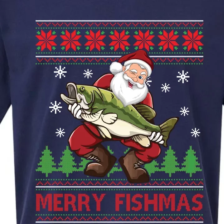 Merry Fishmas Santa Fishing Ugly Christmas Sweater Style Sueded Cloud Jersey T-Shirt