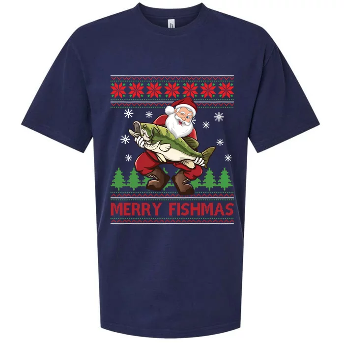 Merry Fishmas Santa Fishing Ugly Christmas Sweater Style Sueded Cloud Jersey T-Shirt