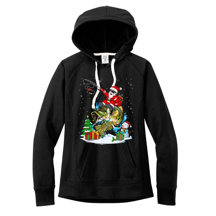 Merry Fishmas Santa Claus On Fish Christmas Tree Lights Xmas Cool Gift Women's Fleece Hoodie