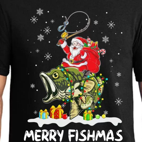 Merry Fishmas Santa Riding Fish Christmas Lights Fishing Rod Gift Pajama Set