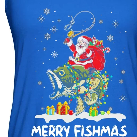 Merry Fishmas Santa Riding Fish Christmas Lights Fishing Rod Gift Ladies Essential Flowy Tank