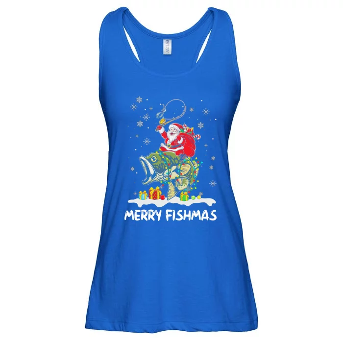 Merry Fishmas Santa Riding Fish Christmas Lights Fishing Rod Gift Ladies Essential Flowy Tank