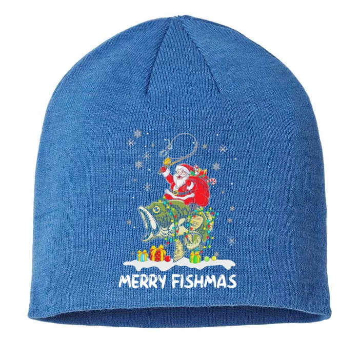 Merry Fishmas Santa Riding Fish Christmas Lights Fishing Rod Gift 8 1/2in Sustainable Knit Beanie