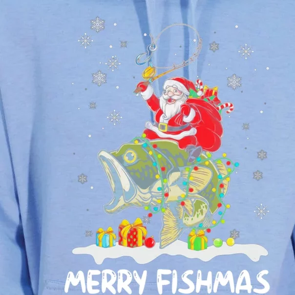 Merry Fishmas Santa Riding Fish Christmas Lights Fishing Rod Gift Unisex Surf Hoodie