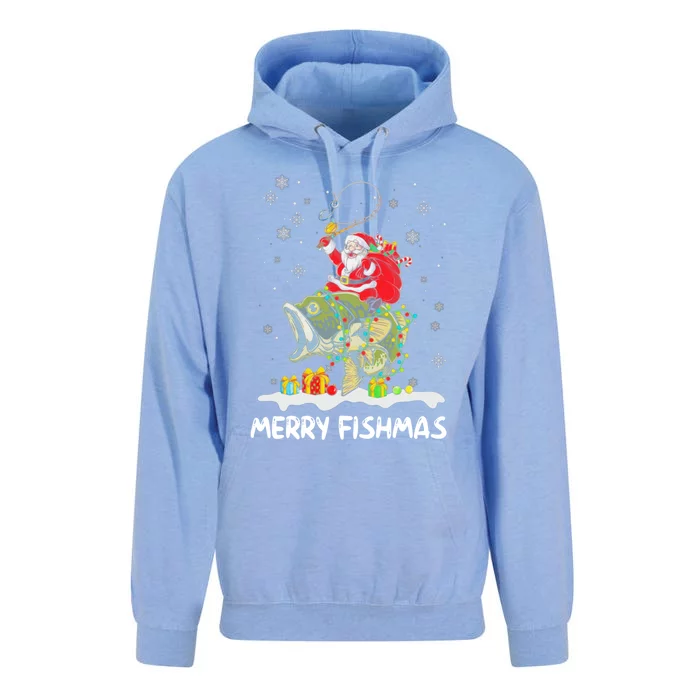 Merry Fishmas Santa Riding Fish Christmas Lights Fishing Rod Gift Unisex Surf Hoodie