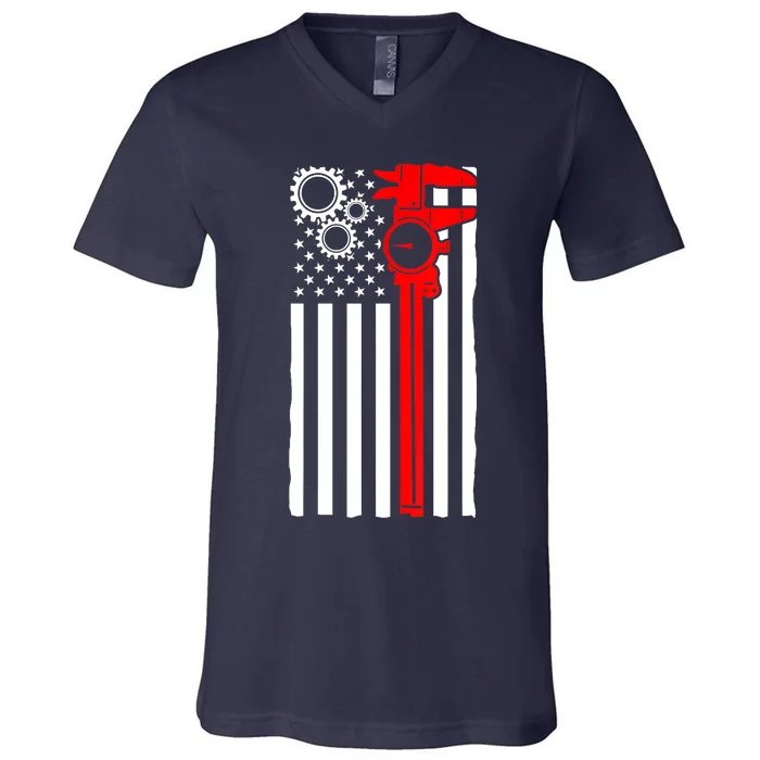 Machinist Flag Tools CNC Machine Operator Machining V-Neck T-Shirt