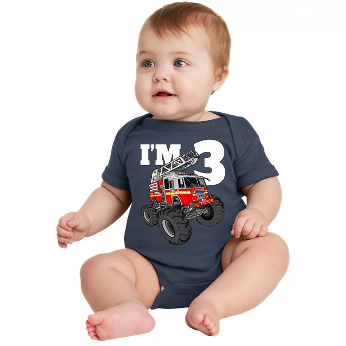 Monster Fire Truck 3rd Birthday Boy 3 Firefighter Baby Bodysuit