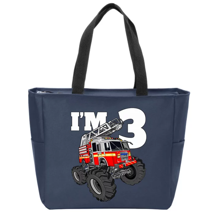 Monster Fire Truck 3rd Birthday Boy 3 Firefighter Zip Tote Bag