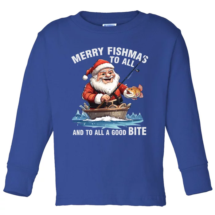 Merry Fishmas To All And A Good Bite Santa Fishing Christmas Great Gift Toddler Long Sleeve Shirt