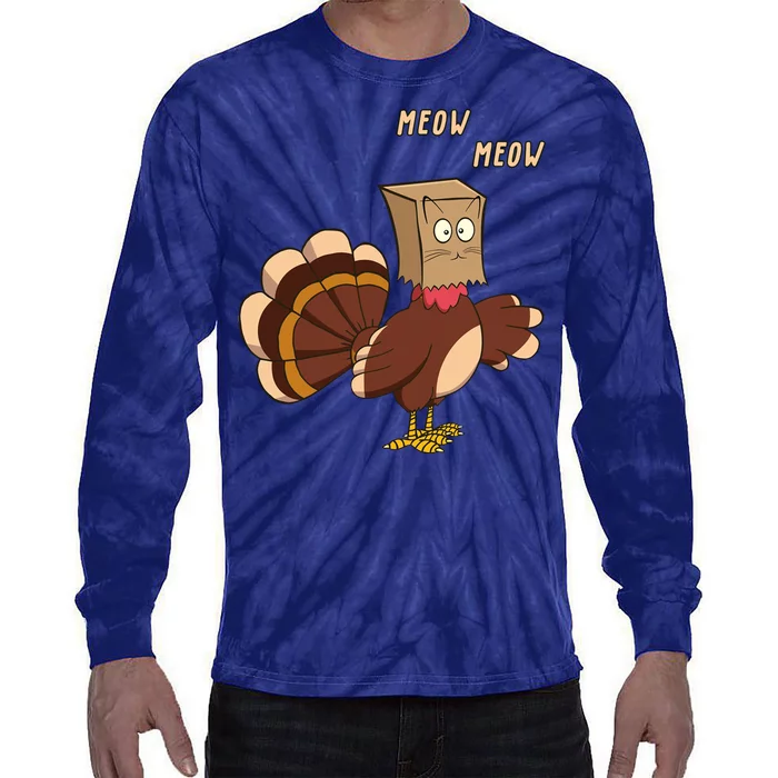 Meow Funny Thanksgiving Turkey Cat Lover Tie-Dye Long Sleeve Shirt