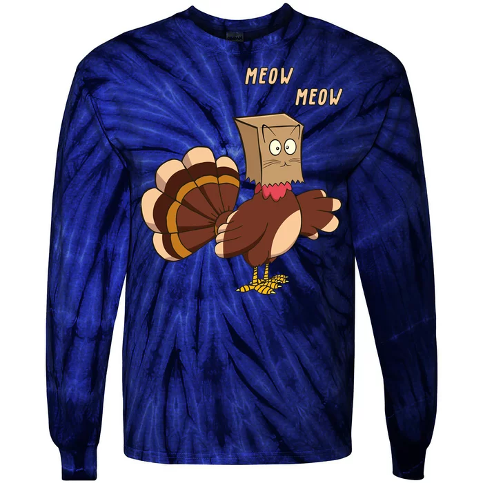 Meow Funny Thanksgiving Turkey Cat Lover Tie-Dye Long Sleeve Shirt