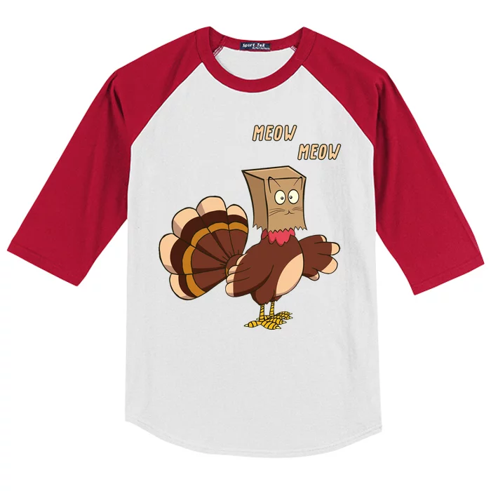 Meow Funny Thanksgiving Turkey Cat Lover Kids Colorblock Raglan Jersey