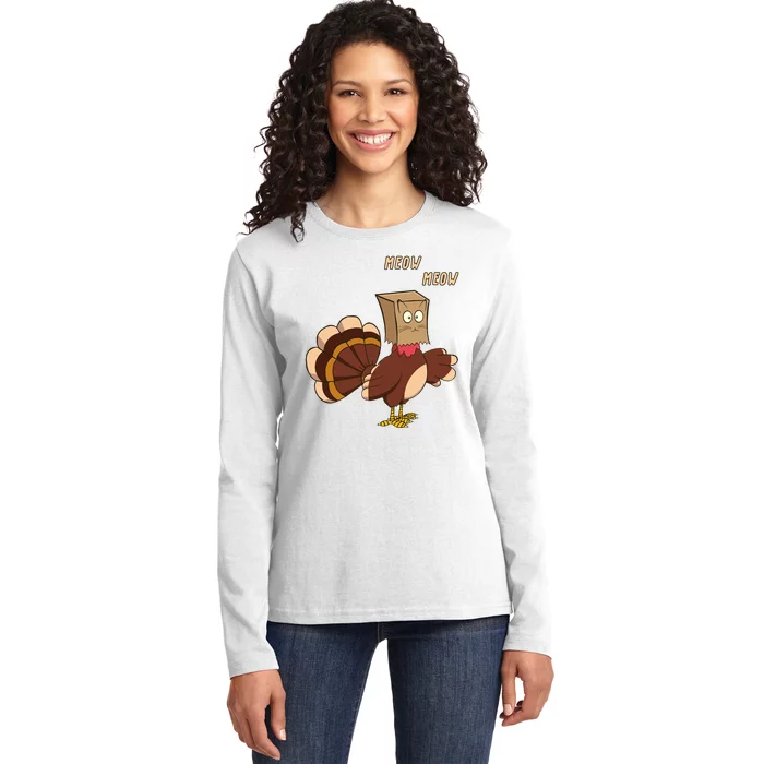 Meow Funny Thanksgiving Turkey Cat Lover Ladies Long Sleeve Shirt