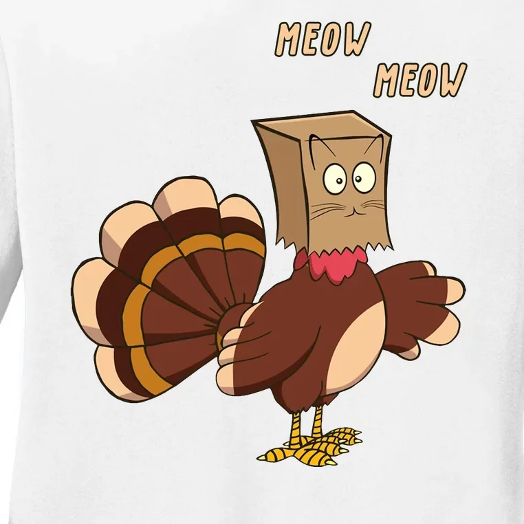 Meow Funny Thanksgiving Turkey Cat Lover Ladies Long Sleeve Shirt