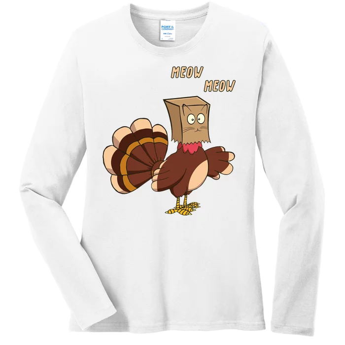 Meow Funny Thanksgiving Turkey Cat Lover Ladies Long Sleeve Shirt