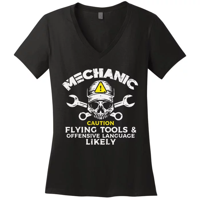 Mechanic Flying Tools Wrench Funny Car Auto Garage Dad Women's V-Neck T-Shirt