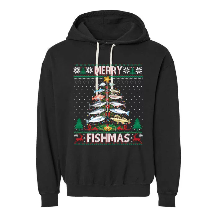 Merry Fishmas Ugly Sweater Fish Fishing Rod Christmas Tree Garment-Dyed Fleece Hoodie