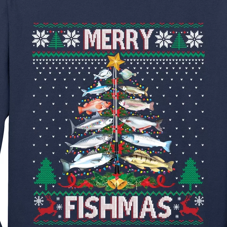 Merry Fishmas Ugly Sweater Fish Fishing Rod Christmas Tree Long Sleeve Shirt