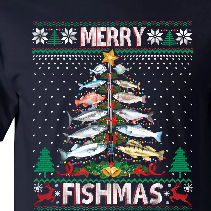 Merry Fishmas Ugly Sweater Fish Fishing Rod Christmas Tree Tall T-Shirt