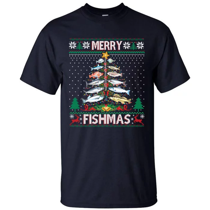 Merry Fishmas Ugly Sweater Fish Fishing Rod Christmas Tree Tall T-Shirt