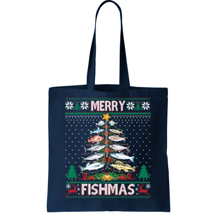 Merry Fishmas Ugly Sweater Fish Fishing Rod Christmas Tree Tote Bag