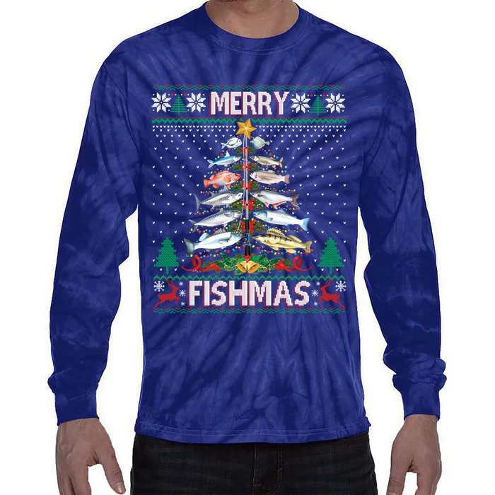 Merry Fishmas Ugly Sweater Fish Fishing Rod Christmas Tree Tie-Dye Long Sleeve Shirt