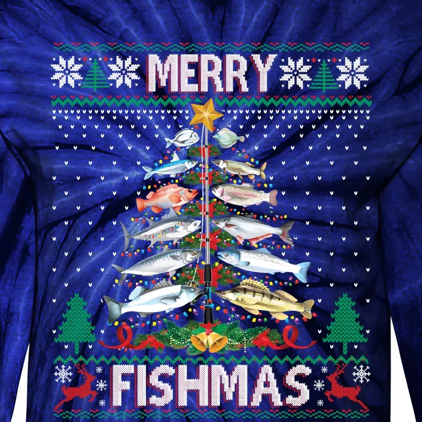 Merry Fishmas Ugly Sweater Fish Fishing Rod Christmas Tree Tie-Dye Long Sleeve Shirt