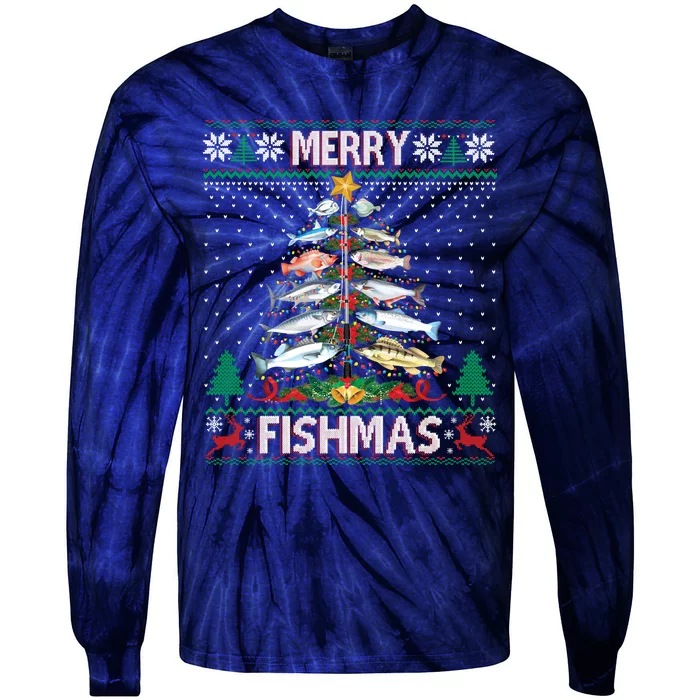 Merry Fishmas Ugly Sweater Fish Fishing Rod Christmas Tree Tie-Dye Long Sleeve Shirt