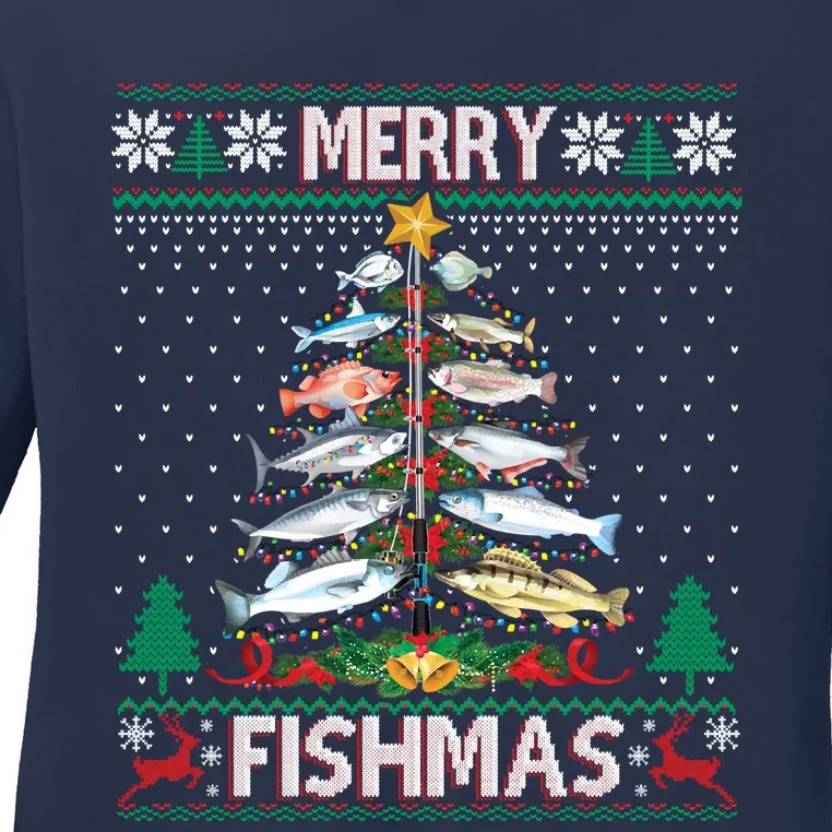 Merry Fishmas Ugly Sweater Fish Fishing Rod Christmas Tree Ladies Long Sleeve Shirt