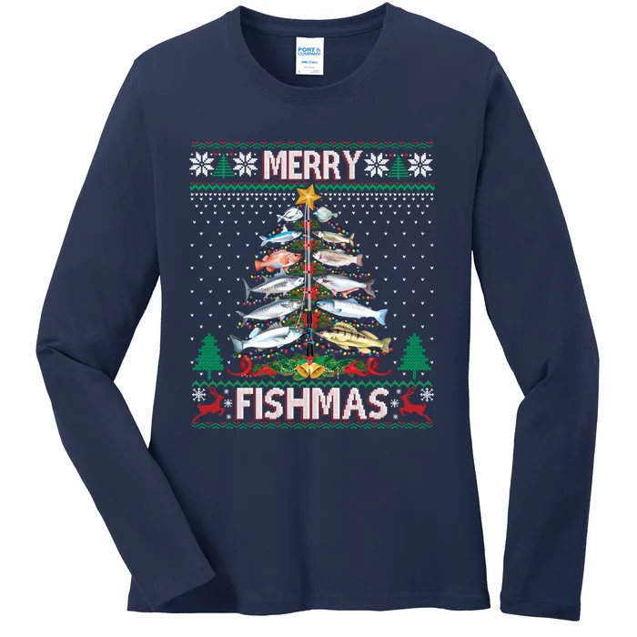 Merry Fishmas Ugly Sweater Fish Fishing Rod Christmas Tree Ladies Long Sleeve Shirt