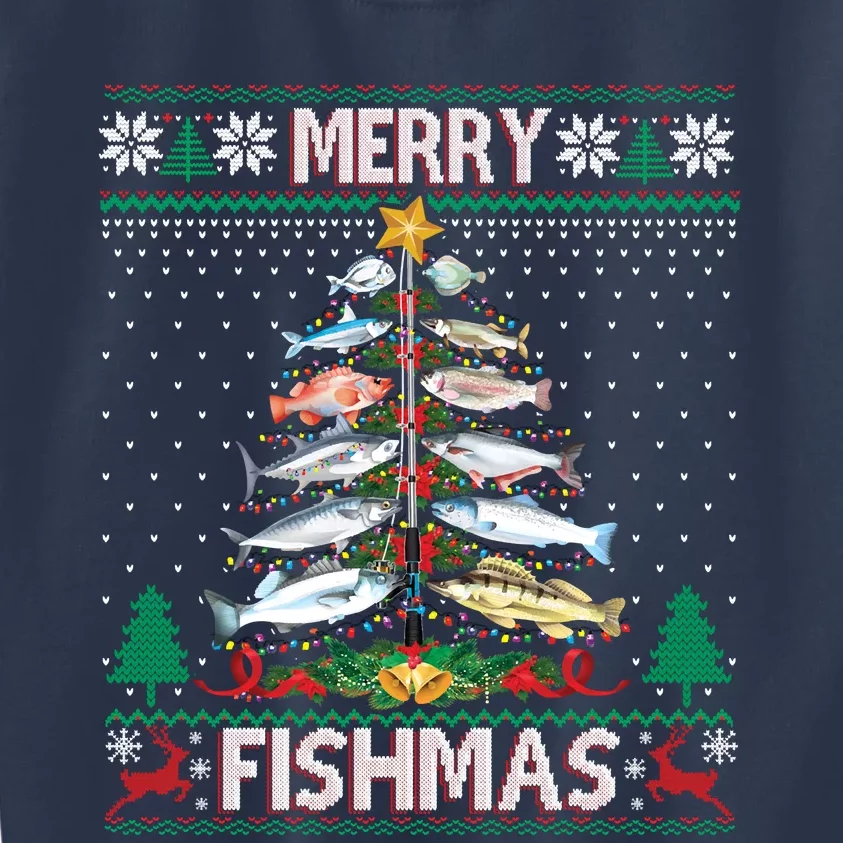 Merry Fishmas Ugly Sweater Fish Fishing Rod Christmas Tree Kids Sweatshirt