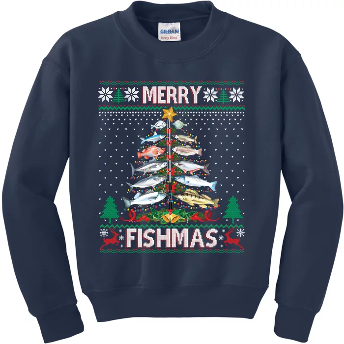 Merry Fishmas Ugly Sweater Fish Fishing Rod Christmas Tree Kids Sweatshirt