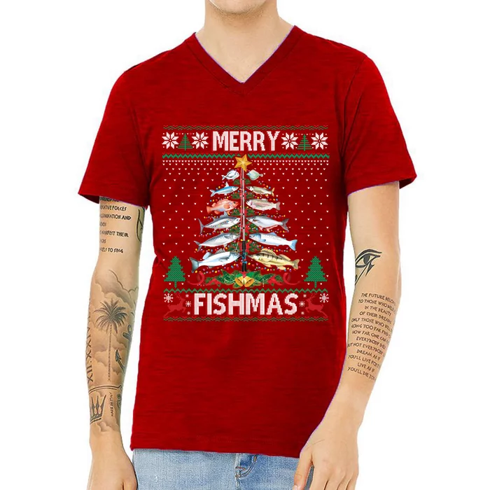 Merry Fishmas Ugly Sweater Fish Fishing Rod Christmas Tree V-Neck T-Shirt