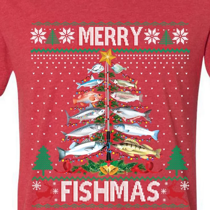 Merry Fishmas Ugly Sweater Fish Fishing Rod Christmas Tree V-Neck T-Shirt