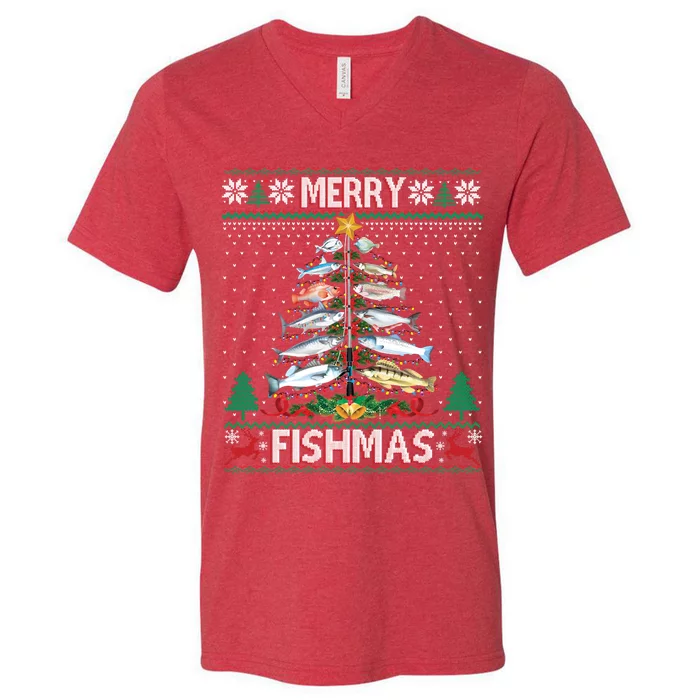 Merry Fishmas Ugly Sweater Fish Fishing Rod Christmas Tree V-Neck T-Shirt