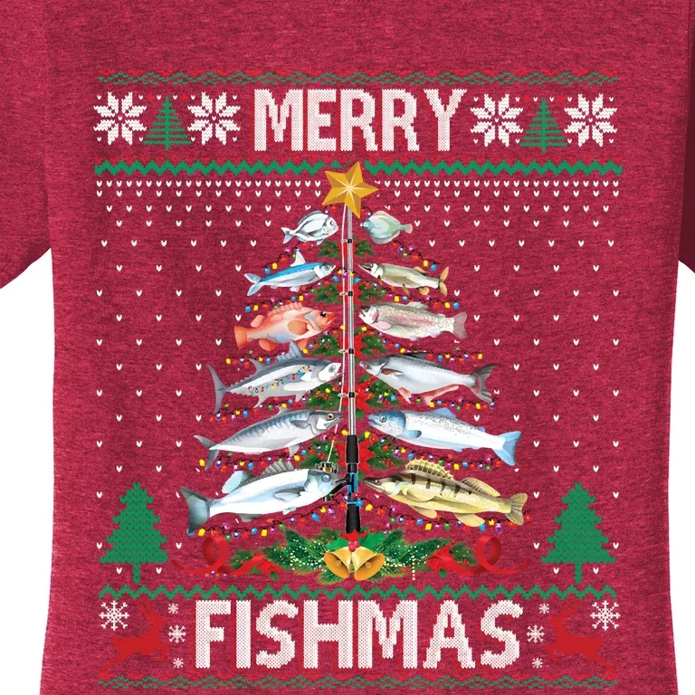 Merry Fishmas Ugly Sweater Fish Fishing Rod Christmas Tree Women's T-Shirt