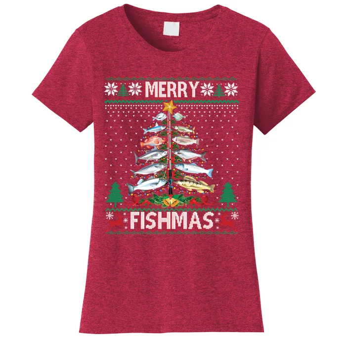 Merry Fishmas Ugly Sweater Fish Fishing Rod Christmas Tree Women's T-Shirt