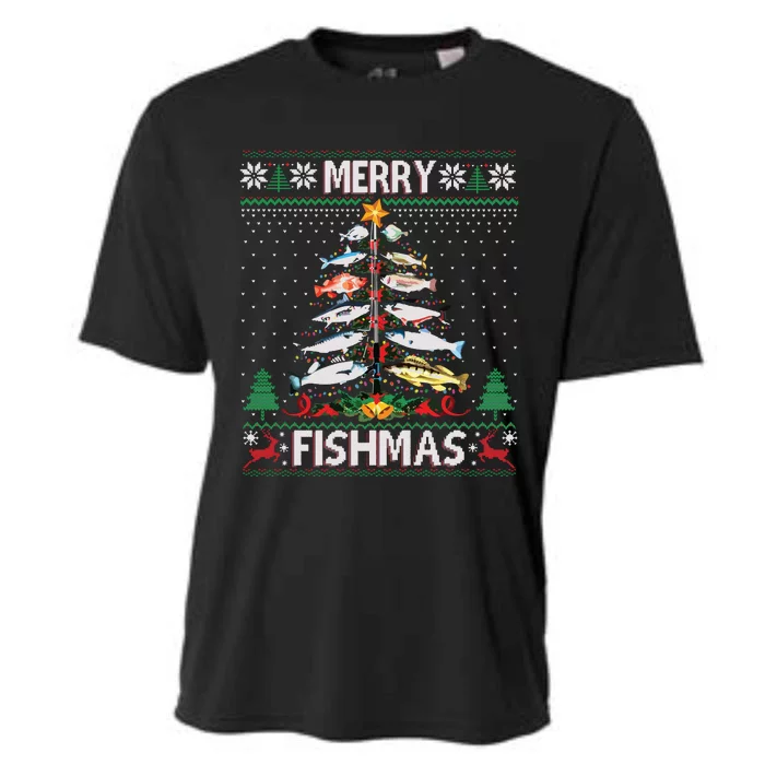 Merry Fishmas Ugly Sweater Fish Fishing Rod Christmas Tree Cooling Performance Crew T-Shirt