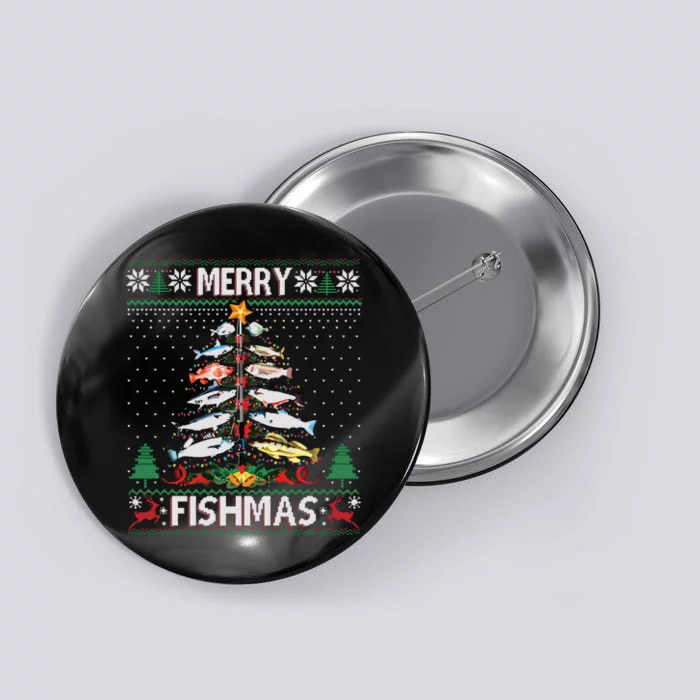 Merry Fishmas Ugly Sweater Fish Fishing Rod Christmas Tree Button