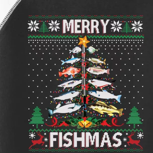 Merry Fishmas Ugly Sweater Fish Fishing Rod Christmas Tree Toddler Fine Jersey T-Shirt