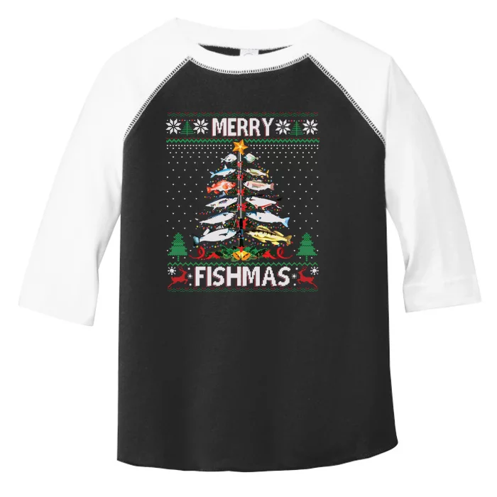 Merry Fishmas Ugly Sweater Fish Fishing Rod Christmas Tree Toddler Fine Jersey T-Shirt