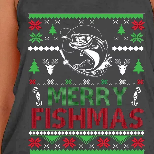 Merry Fishmas Ugly Christmas Apparel Bass Fish Gift Women's Knotted Racerback Tank